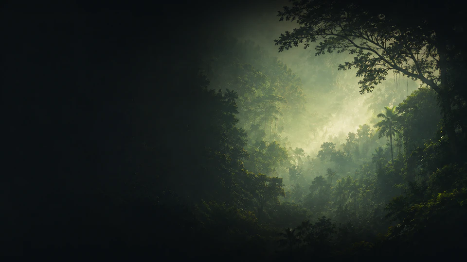 Misty jungle at dusk behind the Moe headline